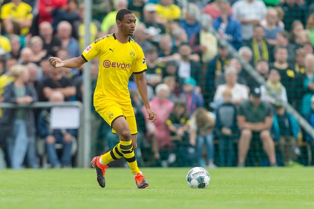 HARDHEIM, GERMANY - JULY 12: Abdou Diallo of Borussia Dortmund controls the ball during the pre-season friendly match between FC Schweinberg and Borussia Dortmund on July 12, 2019 in Schweinberg near Hardheim, Germany. (Photo by TF-Images/Getty Images)