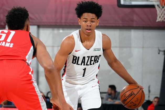 Las Vegas, NV - JULY 7: Anfernee Simons #1 of the Portland Trial Blazers handles the ball during the game against the Houston Rockets during Day 3 of the 2019 Las Vegas Summer League on July 7, 2019 at the Cox Pavilion in Las Vegas, Nevada. NOTE TO USER: User expressly acknowledges and agrees that, by downloading and or using this Photograph, user is consenting to the terms and conditions of the Getty Images License Agreement. Mandatory Copyright Notice: Copyright 2019 NBAE (Photo by Bart Young/NBAE via Getty Images)