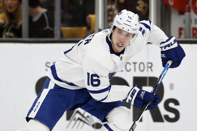 Toronto Maple Leafs' Mitchell Marner (16) skates against the Boston Bruins during the first period in Game 5 of an NHL hockey first-round playoff series in Boston, Friday, April 19, 2019. (AP Photo/Michael Dwyer)