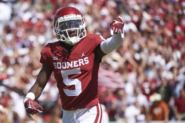 FILE - In this Oct. 6, 2018, file photo, Oklahoma wide receiver Marquise Brown (5) gestures