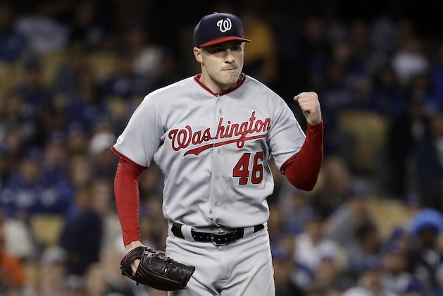 Washington Nationals starting pitcher Patrick Corbin reacts after getting Los Angeles Dodgers' Austin Barnes to ground into an inning-ending double pay during the seventh inning of a baseball game Thursday, May 9, 2019, in Los Angeles. (AP Photo/Marcio Jose Sanchez)