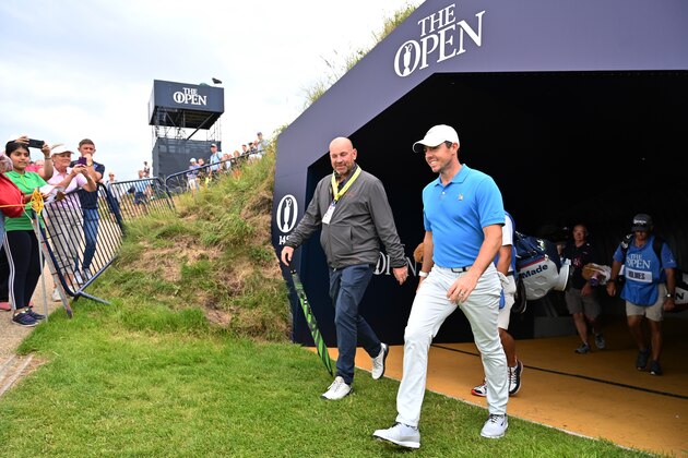 PORTRUSH, NORTHERN IRELAND - JULY 16: Rory McIlroy of Northern Ireland and Thomas Bjorn of Denmark walk during a practice round prior to the 148th Open Championship held on the Dunluce Links at Royal Portrush Golf Club on July 16, 2019 in Portrush, United Kingdom. (Photo by Stuart Franklin/Getty Images)