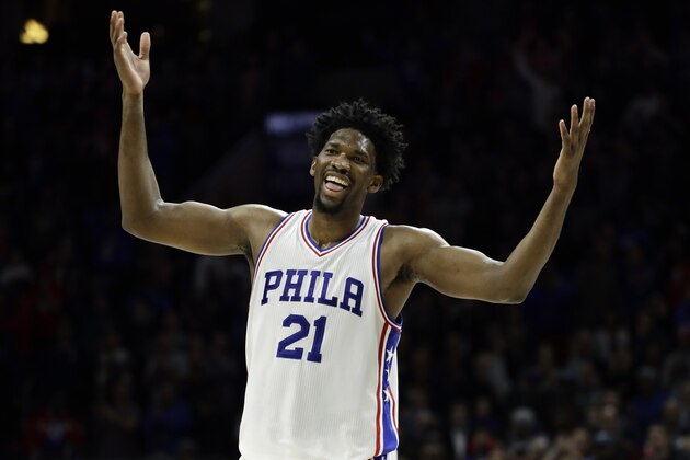 Philadelphia 76ers' Joel Embiid reacts during the final minutes of an NBA basketball game against the Toronto Raptors, Wednesday, Jan. 18, 2017, in Philadelphia. Philadelphia won 94-89. (AP Photo/Matt Slocum)