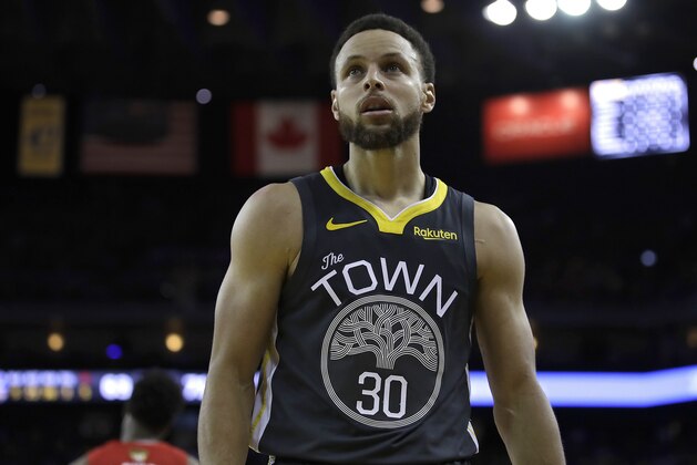 Golden State Warriors' Stephen Curry after a foul was called in the third quarter of Game 4 of basketball's NBA Finals against the Toronto Raptors Friday, June 7, 2019, in Oakland, Calif. (AP Photo/Ben Margot)