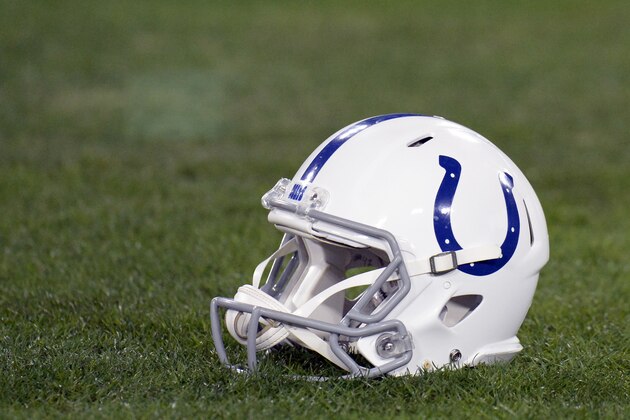 An Indianapolis Colts helmet sits on the field before an NFL football game between the Colts and the Tennessee Titans Sunday, Dec. 30, 2018, in Nashville, Tenn. (AP Photo/Mark Zaleski)