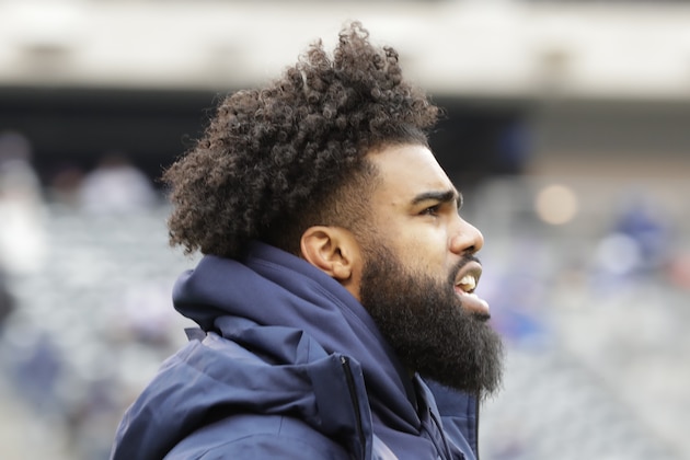 Dallas Cowboys' Ezekiel Elliott looks over the field before an NFL football game against the New York Giants, Sunday, Dec., 30, 2018, in East Rutherford, N.J. (AP Photo/Frank Franklin II)