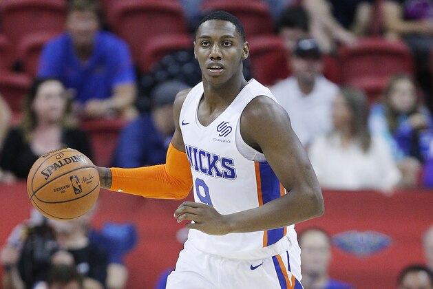 LAS VEGAS, NEVADA - JULY 10: R.J. Barrett #9 of the New York Knicks in action against the Los Angeles Lakers during the 2019 Summer League at the Thomas & Mack Center on July 10, 2019 in Las Vegas, Nevada. NOTE TO USER: User expressly acknowledges and agrees that, by downloading and or using this photograph, User is consenting to the terms and conditions of the Getty Images License Agreement. (Photo by Michael Reaves/Getty Images)