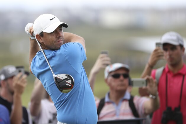 Northern Ireland's Rory McIlroy plays his tee shot at the 4th during a practice round ahead of the start of the British Open golf championships at Royal Portrush in Northern Ireland, Tuesday, July 16, 2019. The British Open starts Thursday. (AP Photo/Peter Morrison)