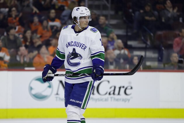 Vancouver Canucks' Loui Eriksson in action during an NHL hockey game against the Philadelphia Flyers, Monday, Feb. 4, 2019, in Philadelphia. (AP Photo/Matt Slocum)