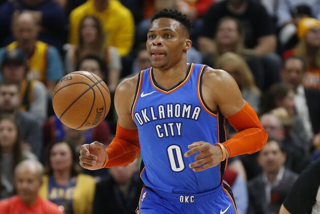 Oklahoma City Thunder guard Russell Westbrook brings the ball up court in the first half during an NBA basketball game against the Utah Jazz Monday, March 11, 2019, in Salt Lake City. (AP Photo/Rick Bowmer)