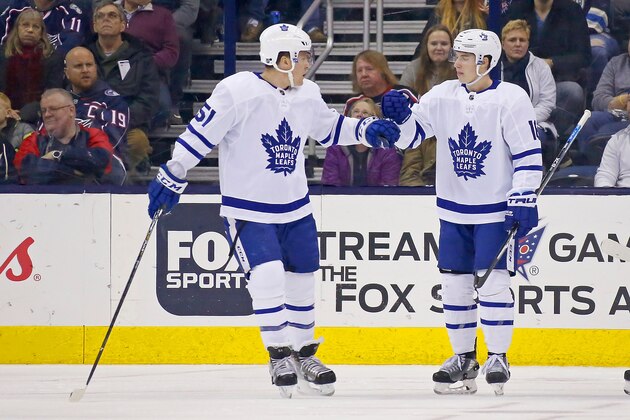 COLUMBUS, OH - DECEMBER 28:  Mitch Marner #16 of the Toronto Maple Leafs is congratulated by Jake Gardiner #51 after scoring a goal during the game against the Columbus Blue Jackets on December 28, 2018 at Nationwide Arena in Columbus, Ohio. (Photo by Kirk Irwin/Getty Images)