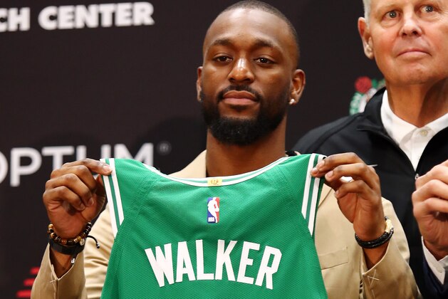 BOSTON, MASSACHUSETTS - JULY 17: Kemba Walker is introduced as a member of the Boston Celtics during a press conference at the Auerbach Center at New Balance World Headquarters on July 17, 2019 in Boston, Massachusetts. (Photo by Tim Bradbury/Getty Images)