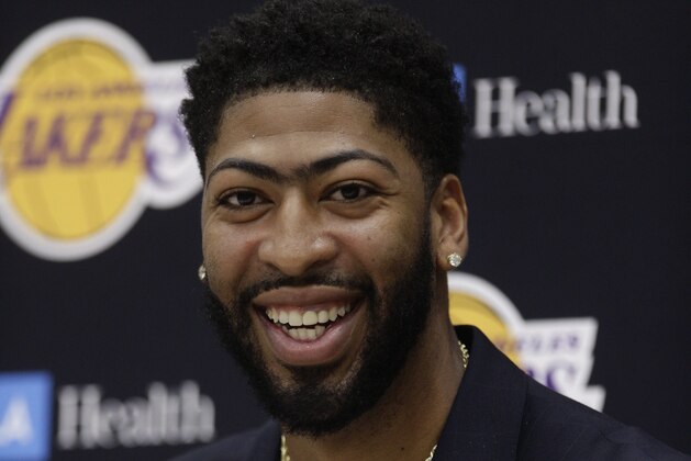 Los Angeles Lakers NBA basketball team introduces Anthony Davis at a news conference at the UCLA Health Training Center in El Segundo, Calif., Saturday, July 13, 2019 (AP Photo/Damian Dovarganes)