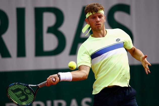 PARIS, FRANCE - JUNE 04:  Simon Carr of Ireland in action during the boys singles first round match against Vasil Kirkov of The United States on day eight of the 2017 French Open at Roland Garros on June 4, 2017 in Paris, France.  (Photo by Adam Pretty/Getty Images)