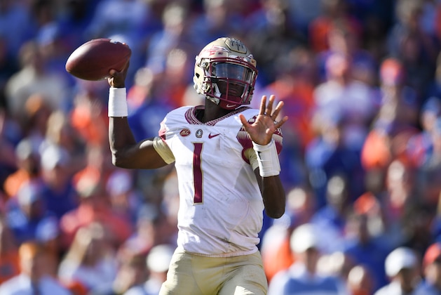 GAINESVILLE, FL - NOVEMBER 25: James Blackman #1 of the Florida State Seminoles in action during the game against the Florida Gators at Ben Hill Griffin Stadium on November 25, 2017 in Gainesville, Florida. (Photo by Rob Foldy/Getty Images)