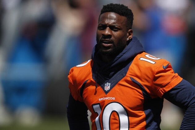 Denver Broncos wide receiver Emmanuel Sanders (10) takes part in drills during an NFL football organized training activity session at the team's headquarters Monday, May 13, 2019, in Englewood, Colo. (AP Photo/David Zalubowski)