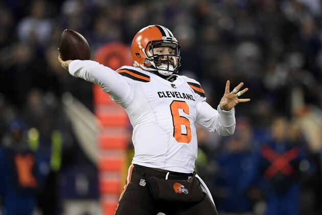 Cleveland Browns quarterback Baker Mayfield throws a pass in the first half of an NFL football game against the Baltimore Ravens, Sunday, Dec. 30, 2018, in Baltimore. (AP Photo/Nick Wass) Cleveland Browns quarterback Baker Mayfield throws a pass in the first half of an NFL football game against the Baltimore Ravens, Sunday, Dec. 30, 2018, in Baltimore. (AP Photo/Nick Wass)