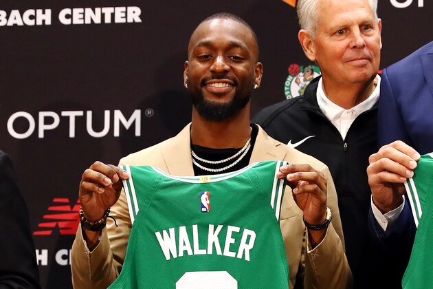 BOSTON, MASSACHUSETTS - JULY 17: Kemba Walker is introduced as a member of the Boston Celtics during a press conference at the Auerbach Center at New Balance World Headquarters on July 17, 2019 in Boston, Massachusetts. (Photo by Tim Bradbury/Getty Images)