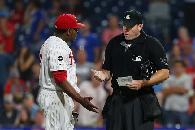 PHILADELPHIA, PA - JULY 16: Closer Hector Neris #50 of Philadelphia Phillies questions home plate umpire Chris Conroy on his ejection from the game after he hit David Freese #25 of the Los Angeles Dodgers in the head during the ninth inning of a baseball game at Citizens Bank Park on July 16, 2019 in Philadelphia, Pennsylvania. The Phillies defeated the Dodgers 9-8. (Photo by Rich Schultz/Getty Images) PHILADELPHIA, PA - JULY 16: Closer Hector Neris #50 of Philadelphia Phillies questions home plate umpire Chris Conroy on his ejection from the game after he hit David Freese #25 of the Los Angeles Dodgers in the head during the ninth inning of a baseball game at Citizens Bank Park on July 16, 2019 in Philadelphia, Pennsylvania. The Phillies defeated the Dodgers 9-8. (Photo by Rich Schultz/Getty Images)