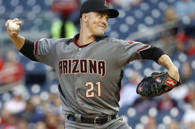 Arizona Diamondbacks starting pitcher Zack Greinke throws to the Washington Nationals in the first inning of a baseball game, Thursday, June 13, 2019, in Washington. (AP Photo/Patrick Semansky)