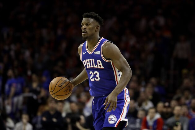 Philadelphia 76ers' Jimmy Butler in action during an NBA basketball game against the Miami Heat, Thursday, Feb. 21, 2019, in Philadelphia. (AP Photo/Matt Slocum)