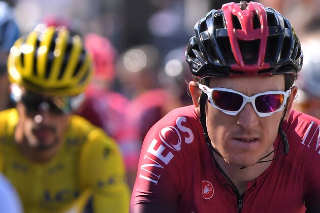 Great Britain's Geraint Thomas (R) rides follwed by France's Julian Alaphilippe, wearing the overall leader's yellow jersey during the ninth stage of the 106th edition of the Tour de France cycling race between Saint-Etienne and Brioude, on July 14, 2019. (Photo by Marco Bertorello / AFP)        (Photo credit should read MARCO BERTORELLO/AFP/Getty Images)