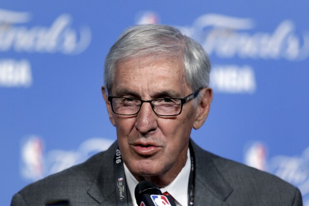 Former NBA coach Jerry Sloan speaks after being awarded the NBA Coaches Association 2016 Chuck Daly Lifetime Achievement award before Game 3 of basketball's NBA Finals between the Cleveland Cavaliers and Golden State Warriors in Cleveland, Wednesday, June 8, 2016. (AP Photo/Tony Dejak)