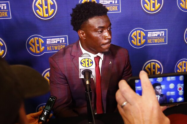 Alabama linebacker Dylan Moses speaks to reporters during the NCAA college football Southeastern Conference Media Days, Wednesday, July 17, 2019, in Hoover, Ala. (AP Photo/Butch Dill)