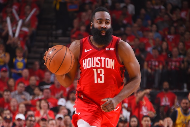 HOUSTON, TX - MAY 10: James Harden #13 of the Houston Rockets handles the ball against the Golden State Warriors during Game Six of the Western Conference Semifinals of the 2019 NBA Playoffs on May 10, 2019 at the Toyota Center in Houston, Texas. NOTE TO USER: User expressly acknowledges and agrees that, by downloading and/or using this photograph, user is consenting to the terms and conditions of the Getty Images License Agreement. Mandatory Copyright Notice: Copyright 2019 NBAE (Photo by Bill Baptist/NBAE via Getty Images)