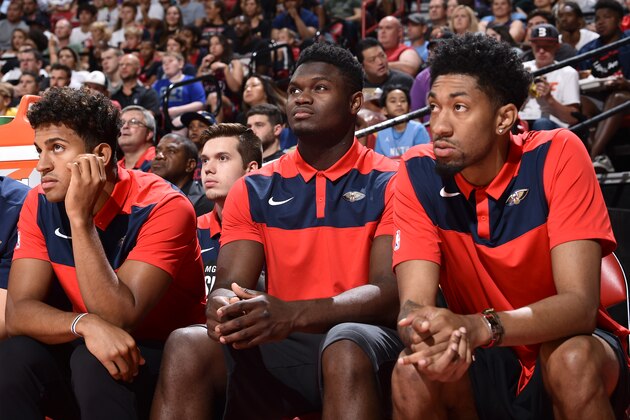 LAS VEGAS, NV - JULY 14: Zion Williamson #1 of the New Orleans Pelicans looks on during the Semifinals of the Las Vegas Summer League against the Memphis Grizzlies on July 14, 2019 at the Thomas & Mack Center in Las Vegas, Nevada. NOTE TO USER: User expressly acknowledges and agrees that, by downloading and/or using this photograph, user is consenting to the terms and conditions of the Getty Images License Agreement. Mandatory Copyright Notice: Copyright 2019 NBAE (Photo by David Dow/NBAE via Getty Images)