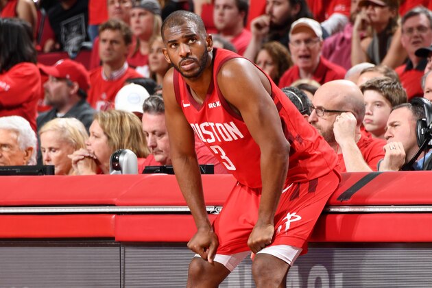 HOUSTON, TX - MAY 10: Chris Paul #3 of the Houston Rockets looks on against the Golden State Warriors during Game Six of the Western Conference Semifinals of the 2019 NBA Playoffs on May 10, 2019 at the Toyota Center in Houston, Texas. NOTE TO USER: User expressly acknowledges and agrees that, by downloading and/or using this photograph, user is consenting to the terms and conditions of the Getty Images License Agreement. Mandatory Copyright Notice: Copyright 2019 NBAE (Photo by Andrew D. Bernstein/NBAE via Getty Images)