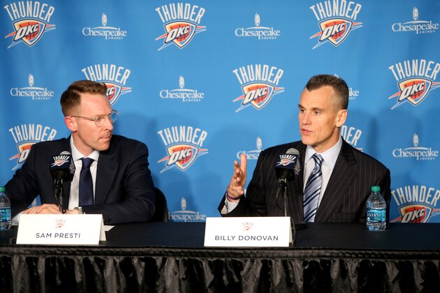 OKLAHOMA CITY, OK - MAY 01: Oklahoma City Head Coach Billy Donovan is welcomed by General Manager Sam Presti to Chesapeake Energy Arena for the first time on May 01, 2015 at the Chesapeake Energy Arena in Oklahoma City, Oklahoma. NOTE TO USER: User expressly acknowledges and agrees that, by downloading and or using this Photograph, user is consenting to the terms and conditions of the Getty Images License Agreement. Mandatory Copyright Notice: Copyright 2015 NBAE (Photo by Layne Murdoch Jr./NBAE via Getty Images)
