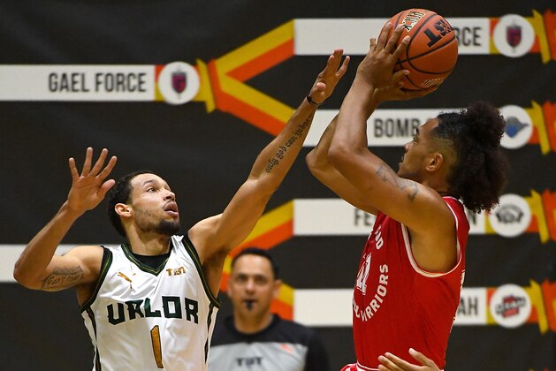 LOS ANGELES, CA - JULY 13:  Jamal Camilo #1 of the Utah Valor defends a shot by Buddha Boyd #10 of the Fort Hood Wounded Warriors  as he goes for a basket in the West Regional of The Basketball Tournament (TBT) at Eagle's Nest Arena on July 13, 2018 in Los Angeles, California.  (Photo by Jayne Kamin-Oncea/Getty Images)