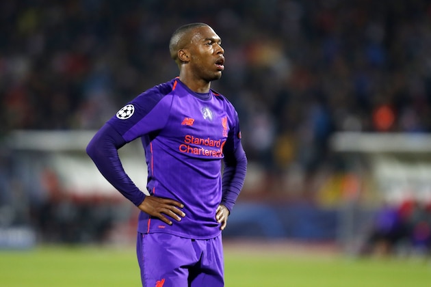 Liverpool forward Daniel Sturridge in dejection after Red Star scored a goal during the Champions League group C soccer match between Red Star and Liverpool at the Rajko Mitic stadium in Belgrade, Serbia, Tuesday, Nov. 6, 2018. (AP Photo/Marko Drobnjakovic)
