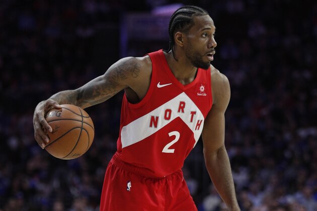 Toronto Raptors' Kawhi Leonard in action during the second half of Game 6 of a second-round NBA basketball playoff series against the Philadelphia 76ers, Thursday, May 9, 2019, in Philadelphia. 76ers won 112-101. (AP Photo/Chris Szagola)