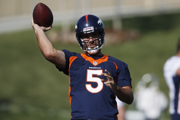 Denver Broncos quarterback Joe Flacco takes part in drills during the opening day of the team's NFL football training camp Thursday, July 18, 2019, in Englewood, Colo. (AP Photo/David Zalubowski)