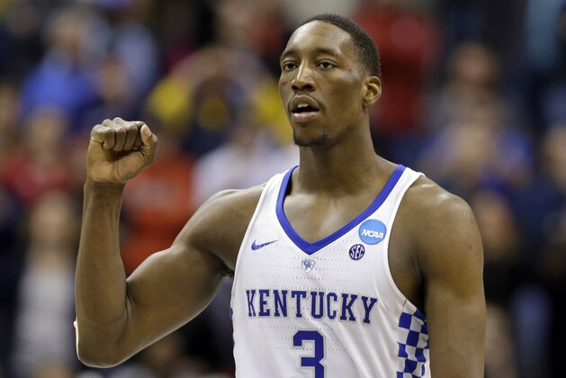 Kentucky forward Bam Adebayo (3) celebrates during the second half of a second-round game against Wichita State in the men’s NCAA college basketball tournament in Indianapolis, Sunday, March 19, 2017. Kentucky defeated Wichita State 65-62. (AP Photo/Michael Conroy)