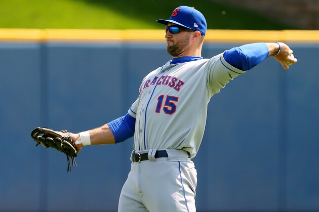 ALLENTOWN, PA - MAY 02: Tim Tebow #15 of the Syracuse Mets in action during a AAA minor league baseball game against the Lehigh Valley Iron Pigs on May 1, 2019 at Coca Cola Park in Allentown, Pennsylvania. (Photo by Rich Schultz/Getty Images)