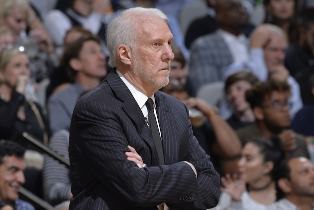 SAN ANTONIO, TX - APRIL 18: Head Coach Gregg Popovich of the San Antonio Spurs stares on during the game against the Denver Nuggets during Game Three of Round One of the 2019 NBA Playoffs on April 18, 2019 at the AT&T Center in San Antonio, Texas. NOTE TO USER: User expressly acknowledges and agrees that, by downloading and or using this photograph, user is consenting to the terms and conditions of the Getty Images License Agreement. Mandatory Copyright Notice: Copyright 2019 NBAE (Photos by Mark Sobhani/NBAE via Getty Images)