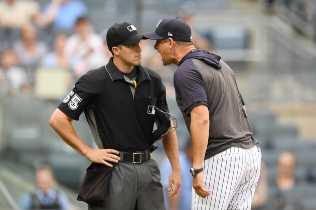 NEW YORK, NEW YORK - JULY 18: Manager Aaron Boone #17 of the New York Yankees argues with home plate umpire Brennan Miller #55 during the second inning of game one of a doubleheader against the Tampa Bay Rays at Yankee Stadium on July 18, 2019 in the Bronx borough of New York City. (Photo by Sarah Stier/Getty Images)