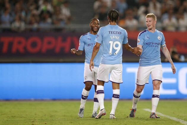 NANJING, CHINA - JULY 17: Raheem Sterling of Manchester City celebrates after scoring his team's goal during Premier League Asia Trophy - West Ham United v Manchester City on July 17, 2019 in Nanjing, China.(Photo by Fred Lee/Getty Images for Premier League)