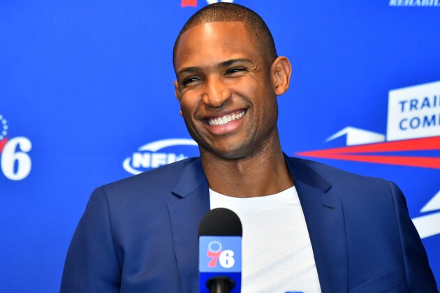 CAMDEN, NJ - JULY 12: Al Horford #42 of the Philadelphia 76ers smiles during a press conference on July 12, 2019 at the Philadelphia 76ers Training Complex in Camden, New Jersey. NOTE TO USER: User expressly acknowledges and agrees that, by downloading and/or using this photograph, user is consenting to the terms and conditions of the Getty Images License Agreement. Mandatory Copyright Notice: Copyright 2019 NBAE (Photo by Jesse D. Garrabrant/NBAE via Getty Images)