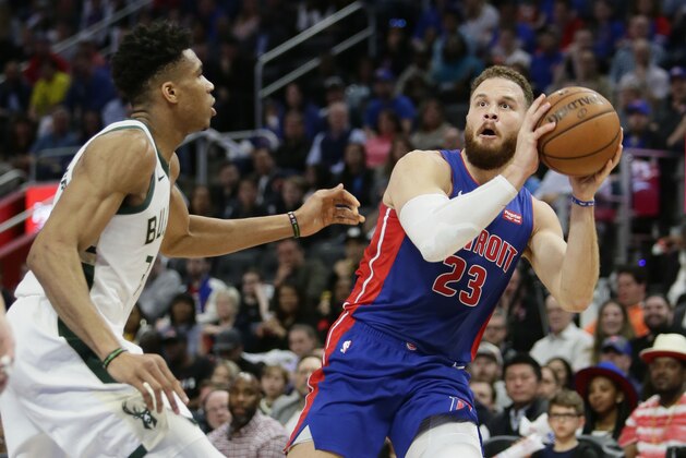 DETROIT, MI - APRIL 22:  Blake Griffin #23 of the Detroit Pistons is guarded by Giannis Antetokounmpo #34 of the Milwaukee Bucks during the first quarter of Game Four of the first round of the 2019 NBA Eastern Conference Playoffs at Little Caesars Arena on April 22, 2019 in Detroit, Michigan. NOTE TO USER: User expressly acknowledges and agrees that, by downloading and or using this photograph, User is consenting to the terms and conditions of the Getty Images License Agreement. (Photo by Duane Burleson/Getty Images)