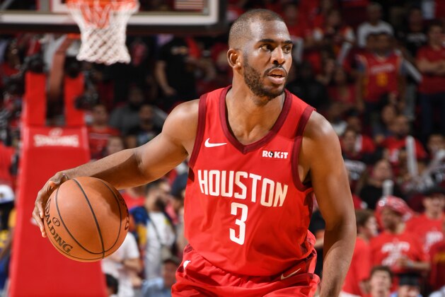 HOUSTON, TX - MAY 10: Chris Paul #3 of the Houston Rockets handles the ball against the Golden State Warriors during Game Six of the Western Conference Semifinals of the 2019 NBA Playoffs on May 10, 2019 at the Toyota Center in Houston, Texas. NOTE TO USER: User expressly acknowledges and agrees that, by downloading and/or using this photograph, user is consenting to the terms and conditions of the Getty Images License Agreement. Mandatory Copyright Notice: Copyright 2019 NBAE (Photo by Andrew D. Bernstein/NBAE via Getty Images)