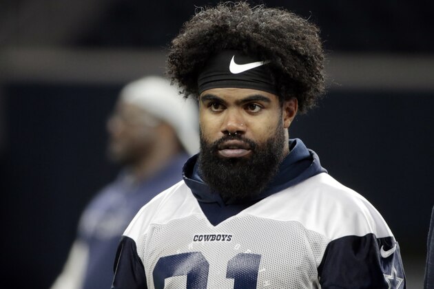 Dallas Cowboys running back Ezekiel Elliott (21) walks off the field after NFL football practice in Frisco, Texas, Wednesday, May. 22, 2019. (AP Photo/Michael Ainsworth)