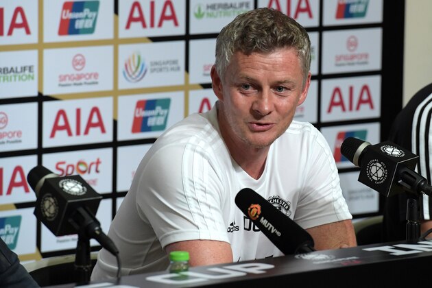 Manchester United's manager Ole Gunnar Solskjaer attends a press conference in Singapore on July 19, 2019, ahead of their International Champions Cup football match against Inter Milan. (Photo by Roslan RAHMAN / AFP)        (Photo credit should read ROSLAN RAHMAN/AFP/Getty Images)
