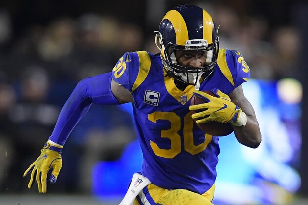 Los Angeles Rams running back Todd Gurley runs against the Dallas Cowboys during the first half in an NFL divisional football playoff game Saturday, Jan. 12, 2019, in Los Angeles. (AP Photo/Mark J. Terrill)