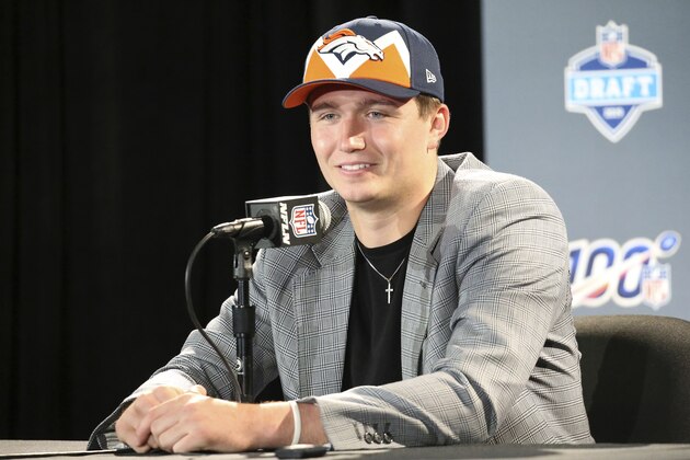Missouri quarterback Drew Lock at a press conference after the Denver Broncos selected Lock during the second round of the NFL football draft, Friday, April 26, 2019, in Nashville, Tenn. (AP Photo/Vera Nieuwenhuis)