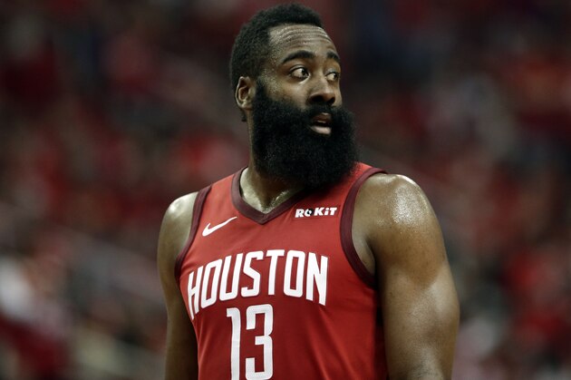 Houston Rockets' James Harden (13) walks on the court during the first half of Game 6 of a second-round NBA basketball playoff series against the Golden State Warriors on Friday, May 10, 2019, in Houston. (AP Photo/Eric Gay)