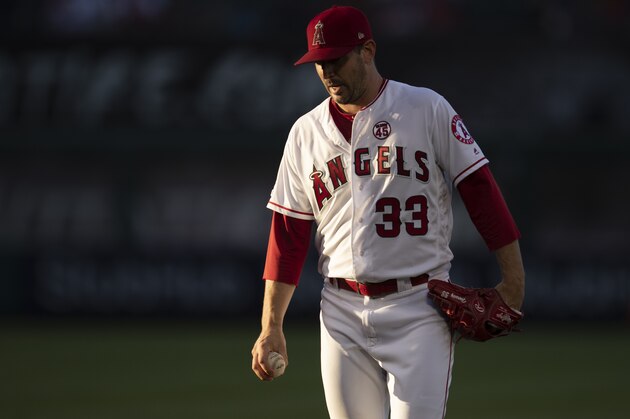 Los Angeles Angels starting pitcher Matt Harvey in a baseball game against the Houston Astros in Anaheim, Calif., Thursday, July 18, 2019. (AP Photo/Kyusung Gong)